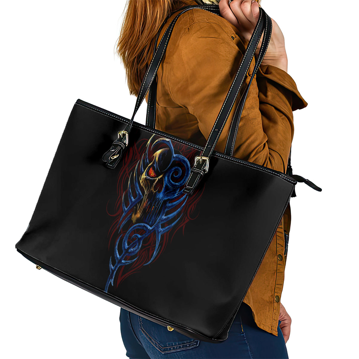 Devil Skull Leather Tote Bag Devil Face Scream - Wonder Print Shop