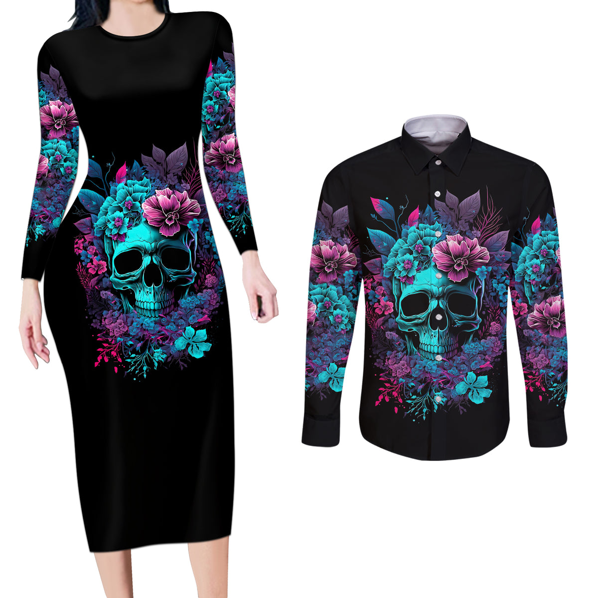 Wings Skull Couples Matching Long Sleeve Bodycon Dress and Long Sleeve Button Shirts Want To Be Karma Fairy Rose Skull - Wonder Print Shop