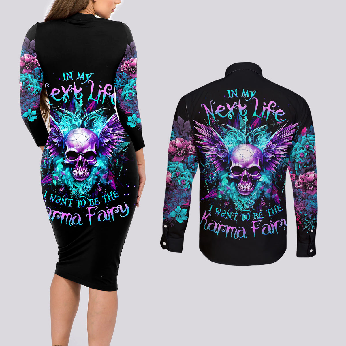 Wings Skull Couples Matching Long Sleeve Bodycon Dress and Long Sleeve Button Shirts Want To Be Karma Fairy Rose Skull - Wonder Print Shop