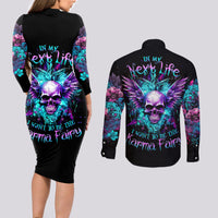 Wings Skull Couples Matching Long Sleeve Bodycon Dress and Long Sleeve Button Shirts Want To Be Karma Fairy Rose Skull - Wonder Print Shop