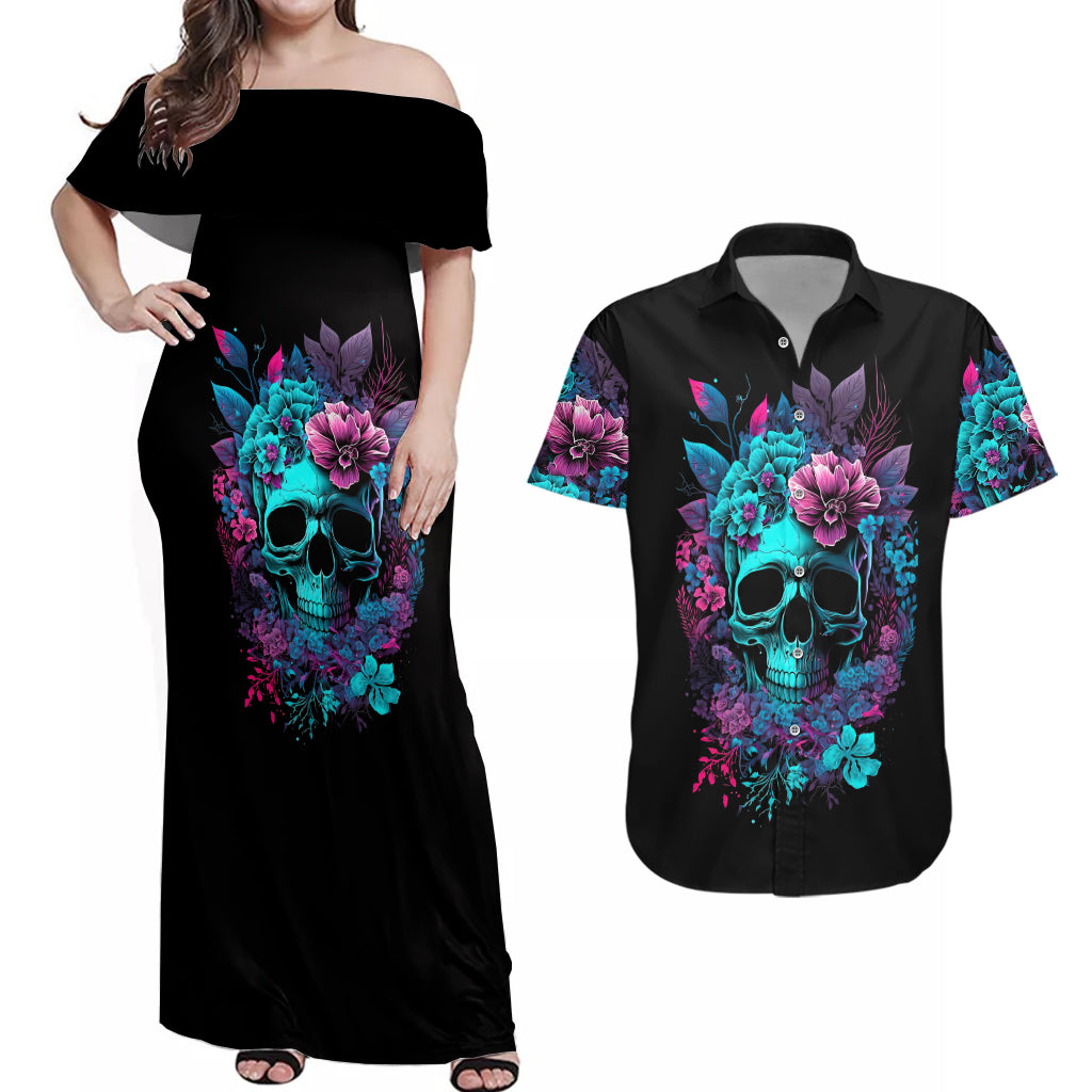 Wings Skull Couples Matching Off Shoulder Maxi Dress and Hawaiian Shirt Want To Be Karma Fairy Rose Skull - Wonder Print Shop