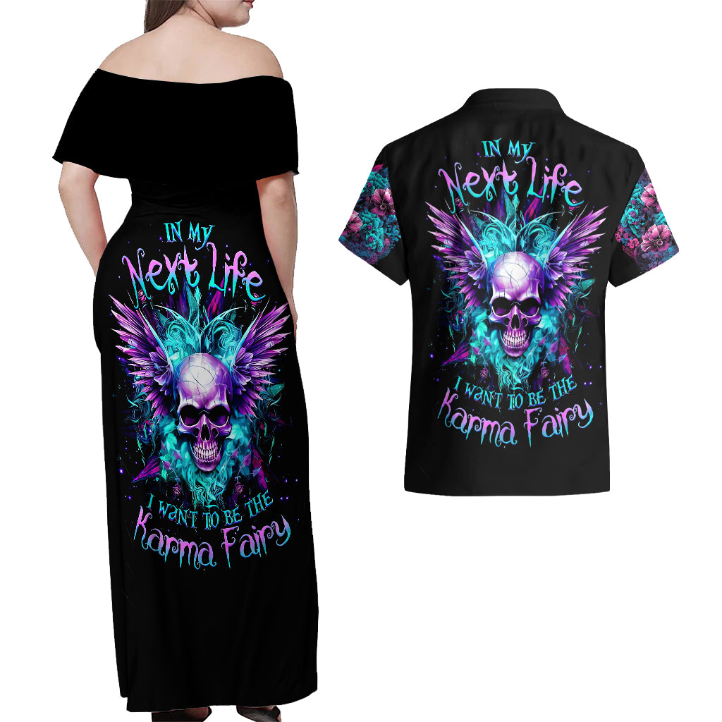 Wings Skull Couples Matching Off Shoulder Maxi Dress and Hawaiian Shirt Want To Be Karma Fairy Rose Skull - Wonder Print Shop
