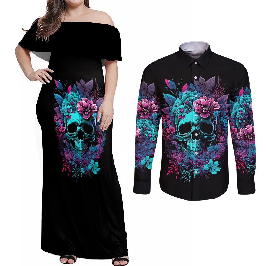 Wings Skull Couples Matching Off Shoulder Maxi Dress and Long Sleeve Button Shirts Want To Be Karma Fairy Rose Skull - Wonder Print Shop