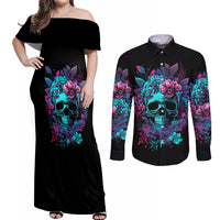 Wings Skull Couples Matching Off Shoulder Maxi Dress and Long Sleeve Button Shirts Want To Be Karma Fairy Rose Skull - Wonder Print Shop