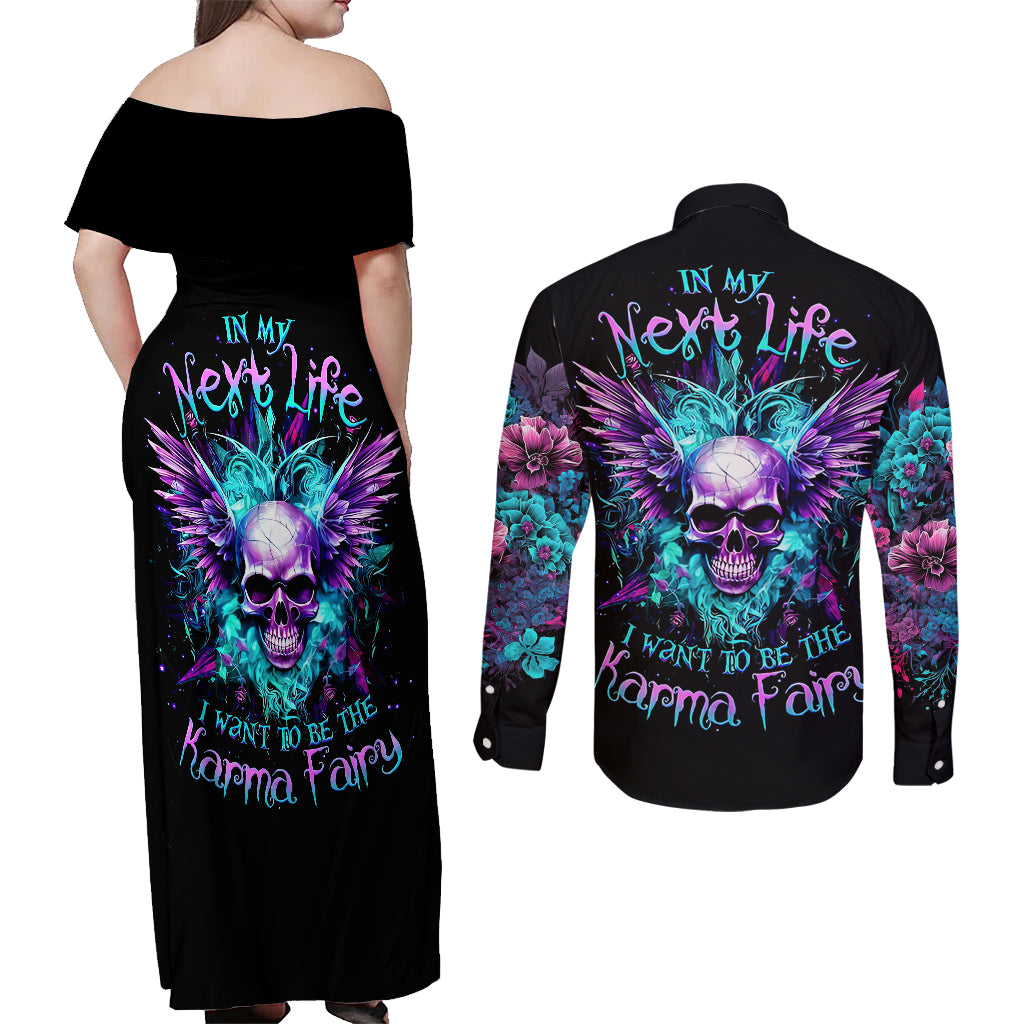 Wings Skull Couples Matching Off Shoulder Maxi Dress and Long Sleeve Button Shirts Want To Be Karma Fairy Rose Skull - Wonder Print Shop