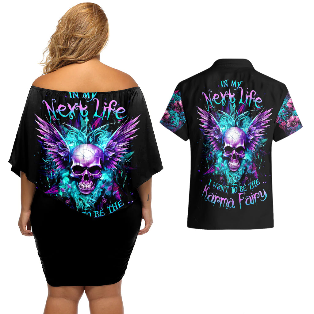 Wings Skull Couples Matching Off Shoulder Short Dress and Hawaiian Shirt Want To Be Karma Fairy Rose Skull - Wonder Print Shop