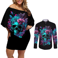Wings Skull Couples Matching Off Shoulder Short Dress and Long Sleeve Button Shirts Want To Be Karma Fairy Rose Skull - Wonder Print Shop