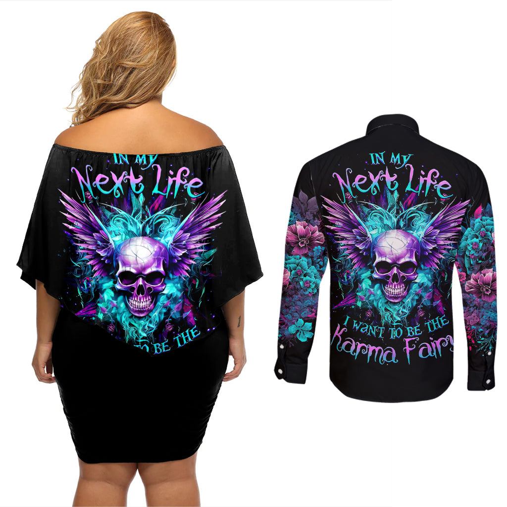 Wings Skull Couples Matching Off Shoulder Short Dress and Long Sleeve Button Shirts Want To Be Karma Fairy Rose Skull - Wonder Print Shop