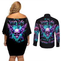 Wings Skull Couples Matching Off Shoulder Short Dress and Long Sleeve Button Shirts Want To Be Karma Fairy Rose Skull - Wonder Print Shop