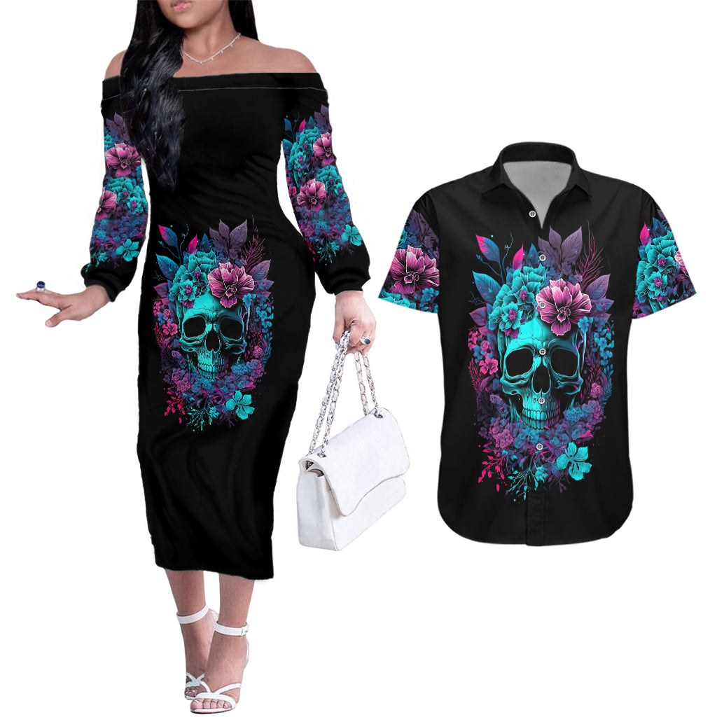 Wings Skull Couples Matching Off The Shoulder Long Sleeve Dress and Hawaiian Shirt Want To Be Karma Fairy Rose Skull - Wonder Print Shop