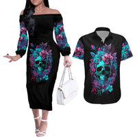 Wings Skull Couples Matching Off The Shoulder Long Sleeve Dress and Hawaiian Shirt Want To Be Karma Fairy Rose Skull - Wonder Print Shop