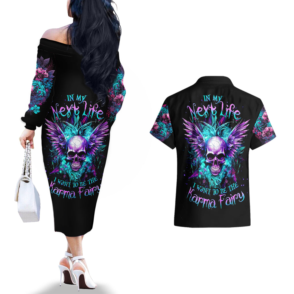 Wings Skull Couples Matching Off The Shoulder Long Sleeve Dress and Hawaiian Shirt Want To Be Karma Fairy Rose Skull - Wonder Print Shop