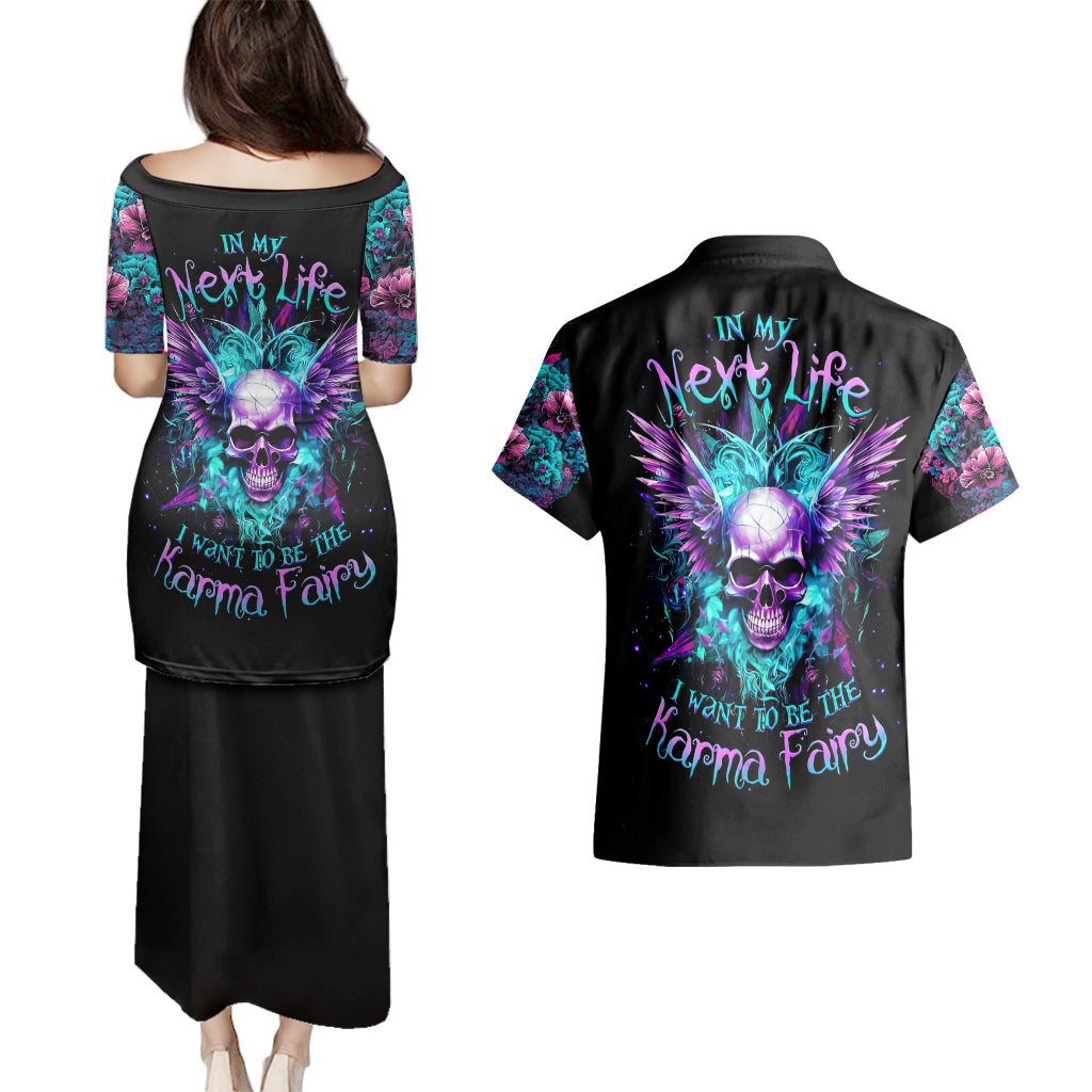 Wings Skull Couples Matching Puletasi Dress and Hawaiian Shirt Want To Be Karma Fairy Rose Skull - Wonder Print Shop