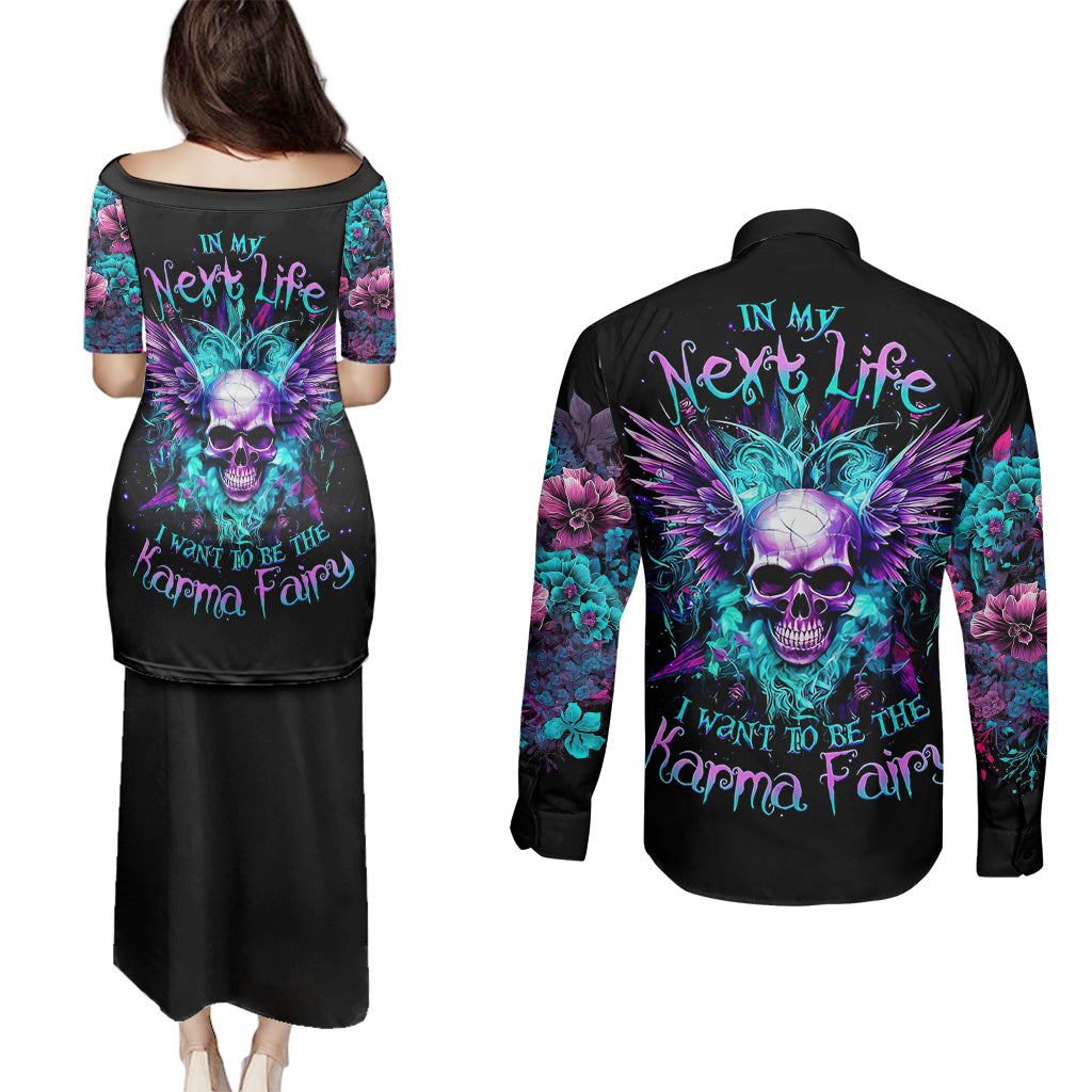 Wings Skull Couples Matching Puletasi Dress and Long Sleeve Button Shirts Want To Be Karma Fairy Rose Skull - Wonder Print Shop