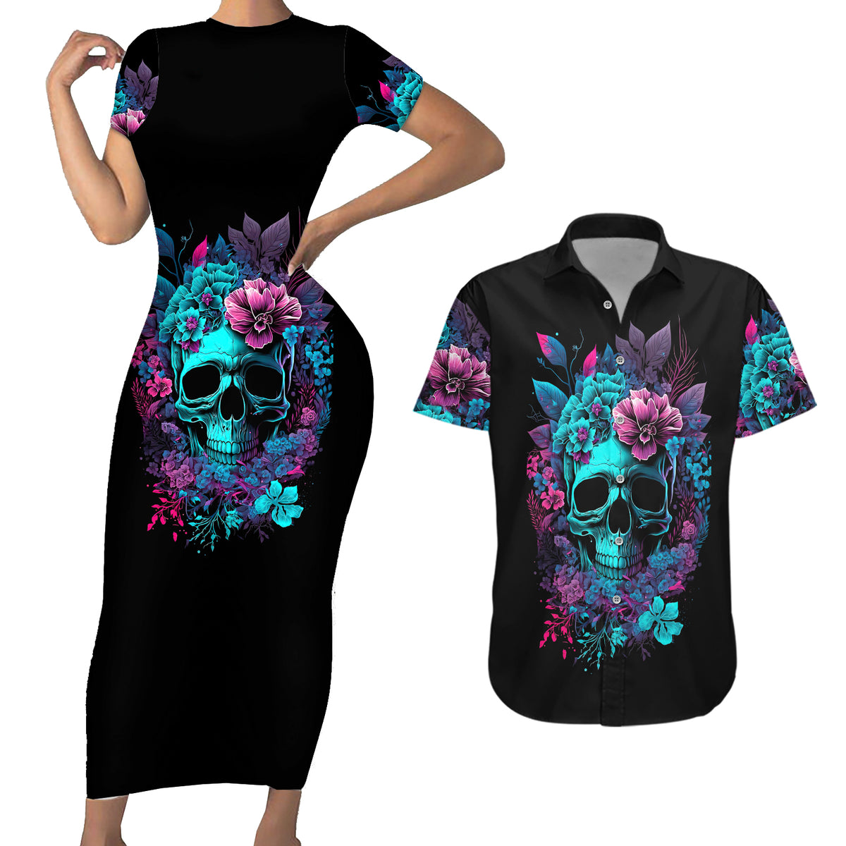 Wings Skull Couples Matching Short Sleeve Bodycon Dress and Hawaiian Shirt Want To Be Karma Fairy Rose Skull - Wonder Print Shop