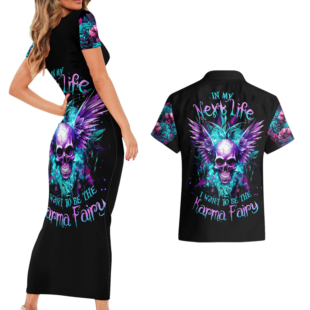 Wings Skull Couples Matching Short Sleeve Bodycon Dress and Hawaiian Shirt Want To Be Karma Fairy Rose Skull - Wonder Print Shop