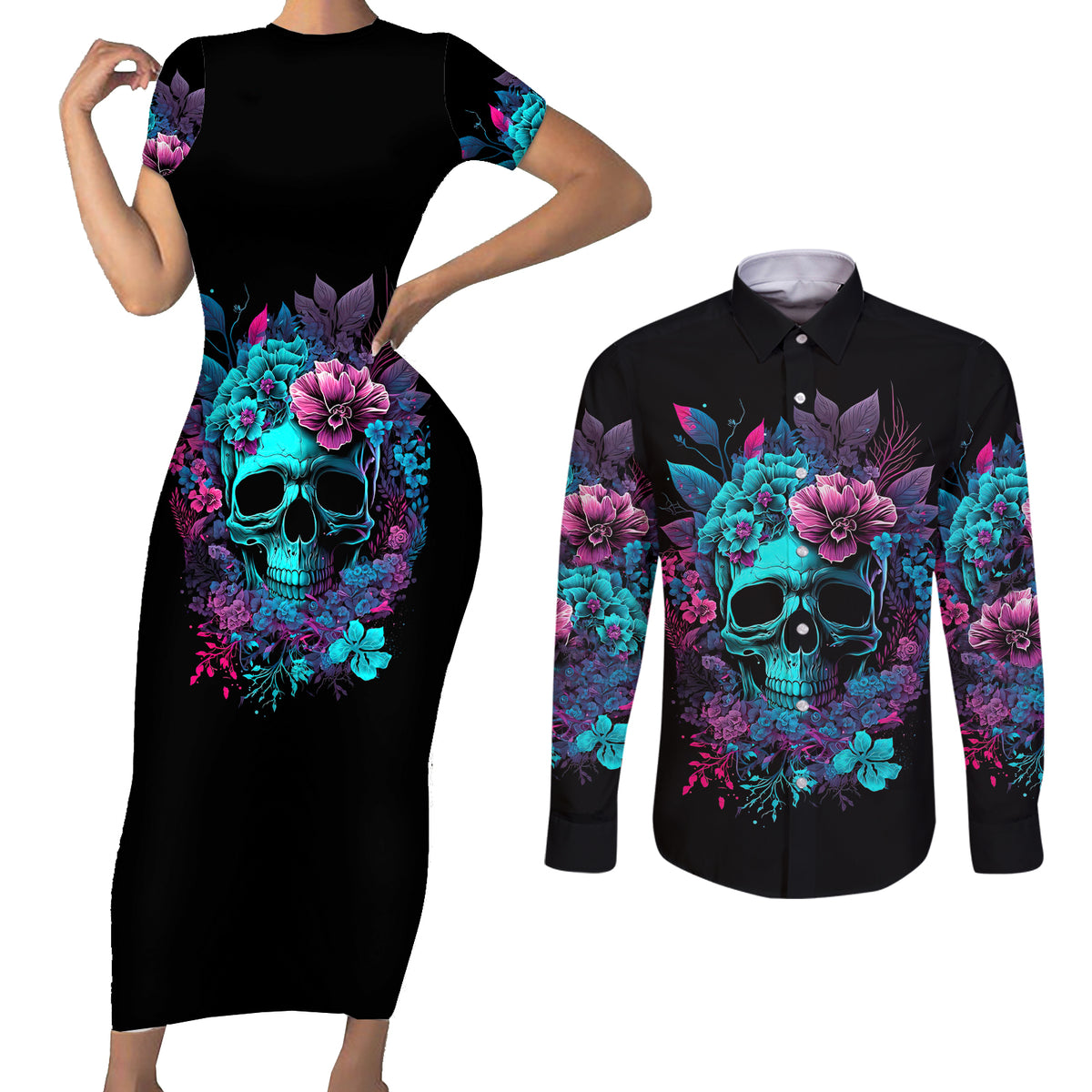 Wings Skull Couples Matching Short Sleeve Bodycon Dress and Long Sleeve Button Shirts Want To Be Karma Fairy Rose Skull - Wonder Print Shop