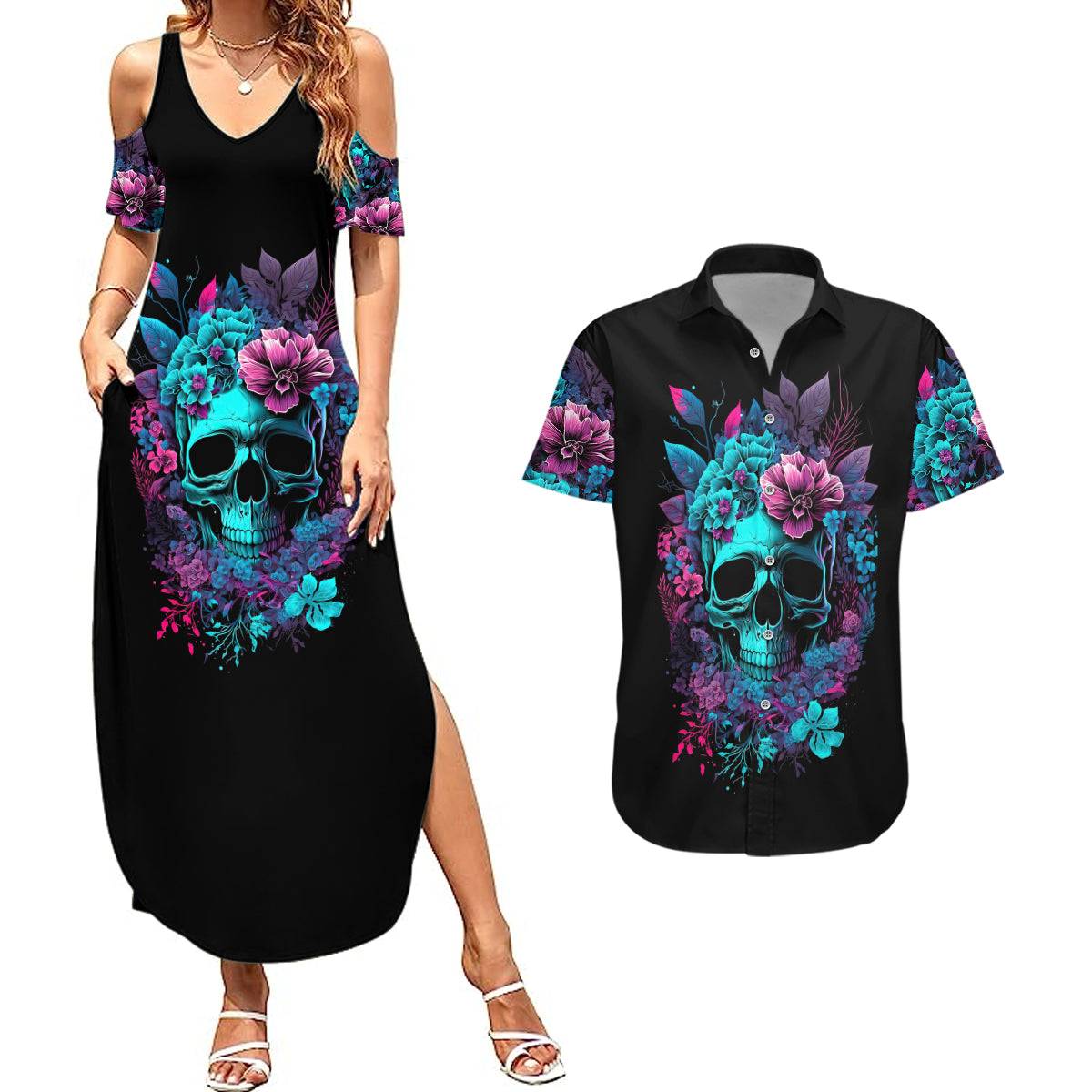 Wings Skull Couples Matching Summer Maxi Dress and Hawaiian Shirt Want To Be Karma Fairy Rose Skull - Wonder Print Shop