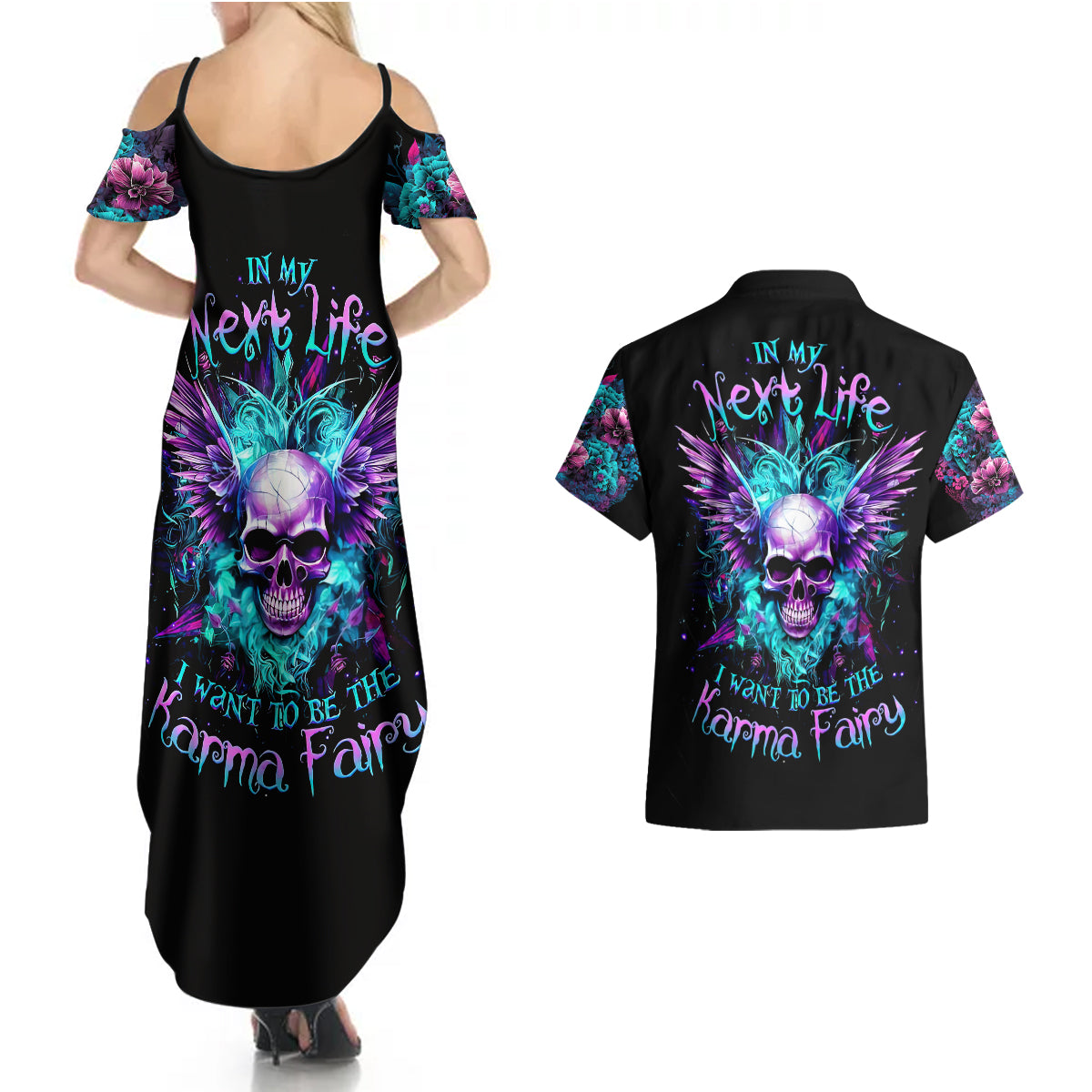 Wings Skull Couples Matching Summer Maxi Dress and Hawaiian Shirt Want To Be Karma Fairy Rose Skull - Wonder Print Shop