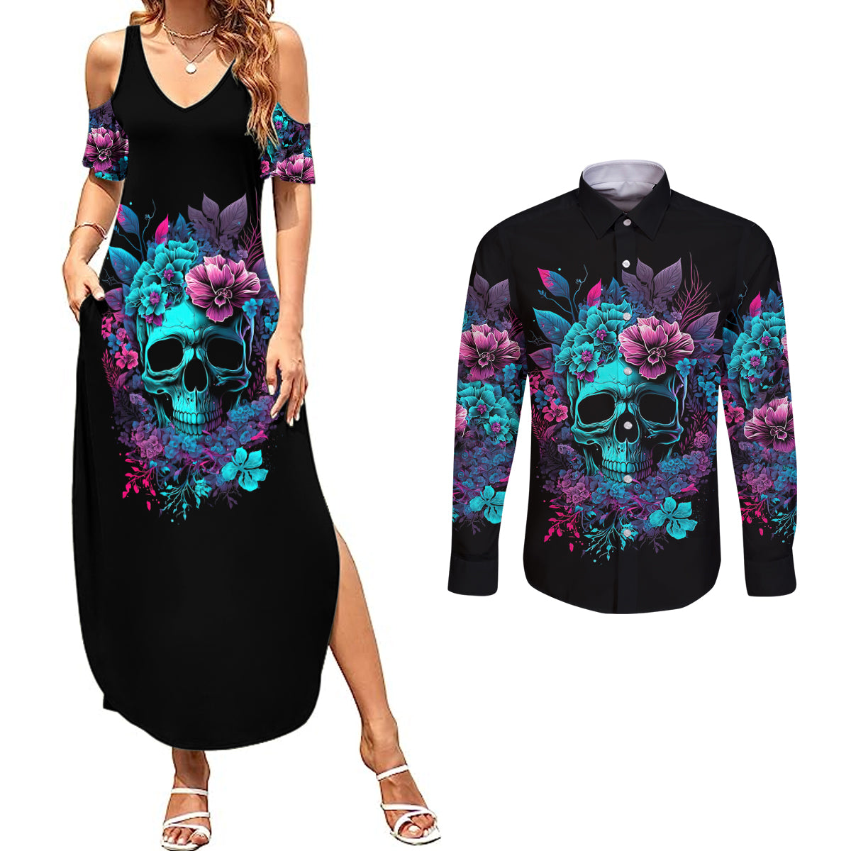 Wings Skull Couples Matching Summer Maxi Dress and Long Sleeve Button Shirts Want To Be Karma Fairy Rose Skull - Wonder Print Shop