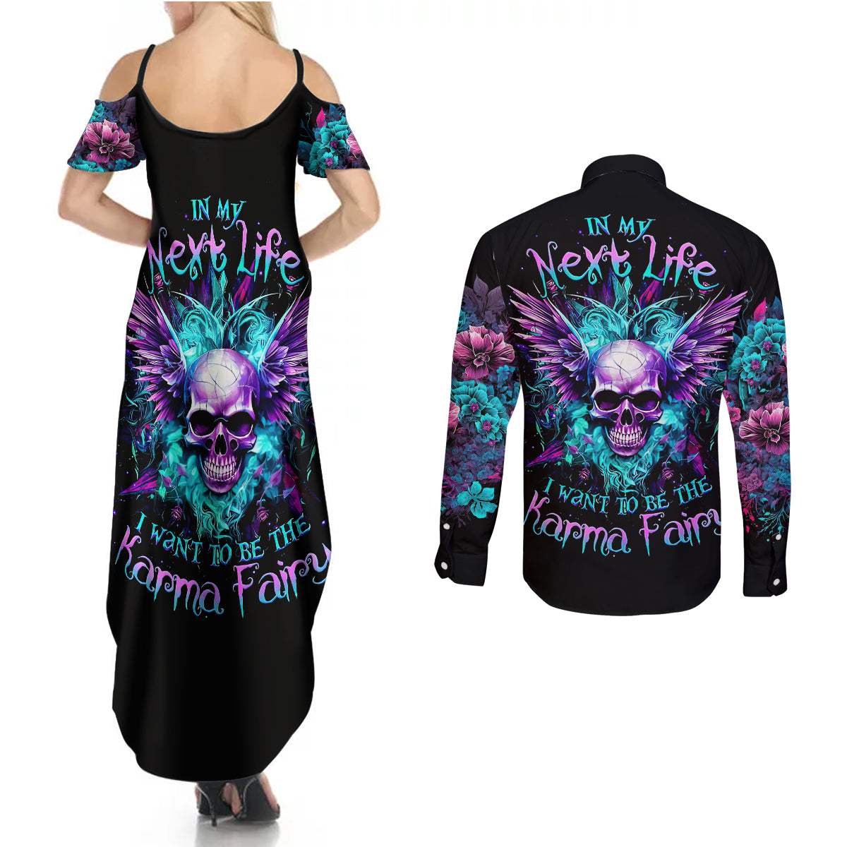 Wings Skull Couples Matching Summer Maxi Dress and Long Sleeve Button Shirts Want To Be Karma Fairy Rose Skull - Wonder Print Shop