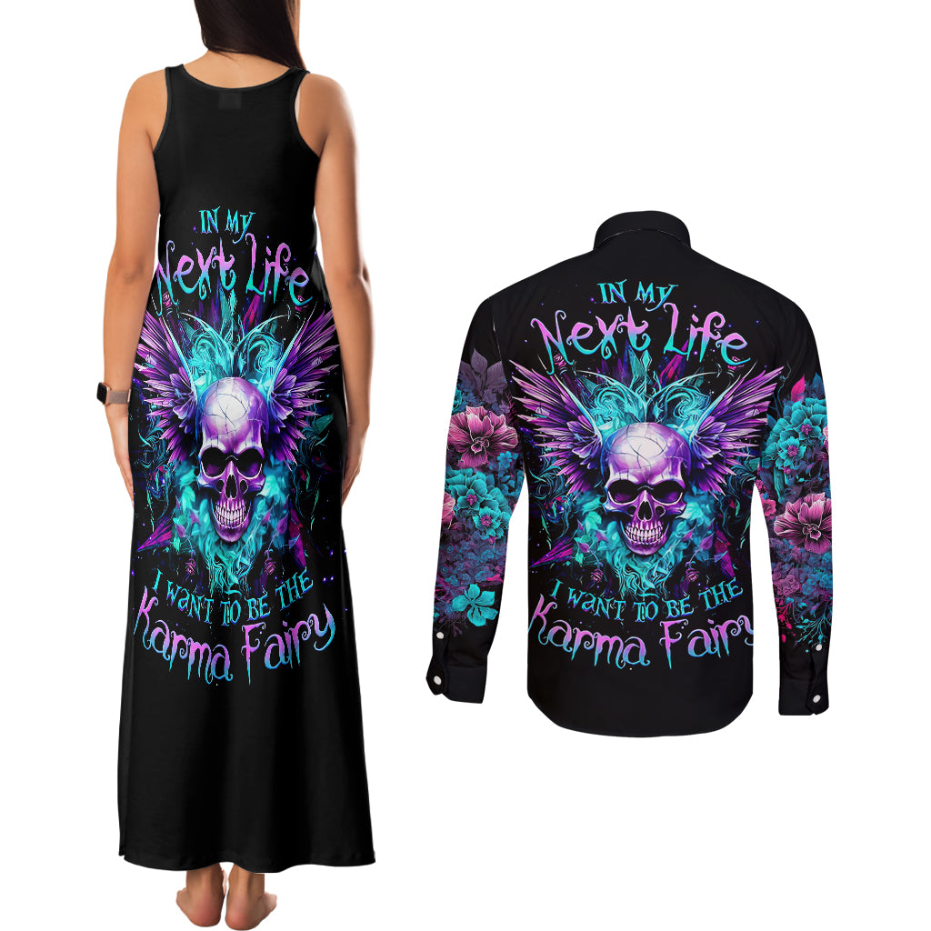Wings Skull Couples Matching Tank Maxi Dress and Long Sleeve Button Shirts Want To Be Karma Fairy Rose Skull - Wonder Print Shop