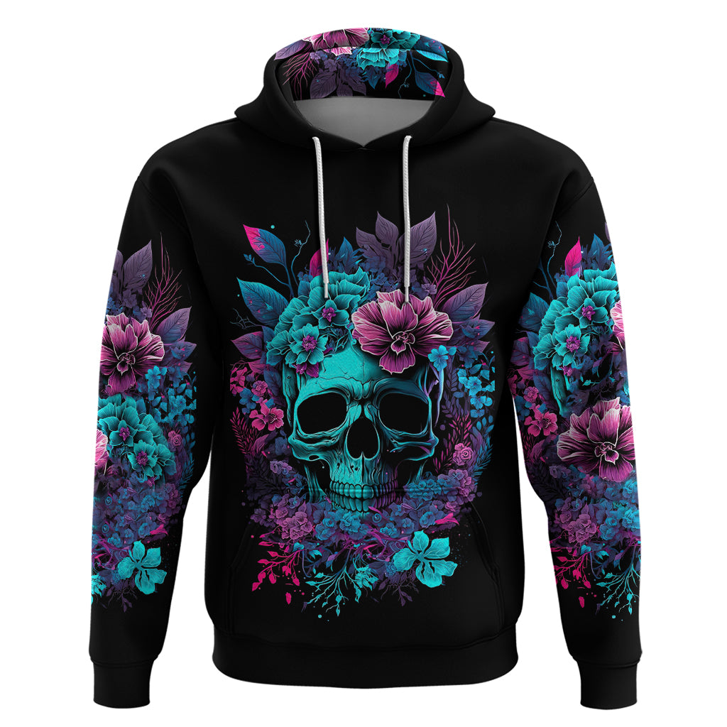 Black pullover hoodie with colorful skull and flowers front view