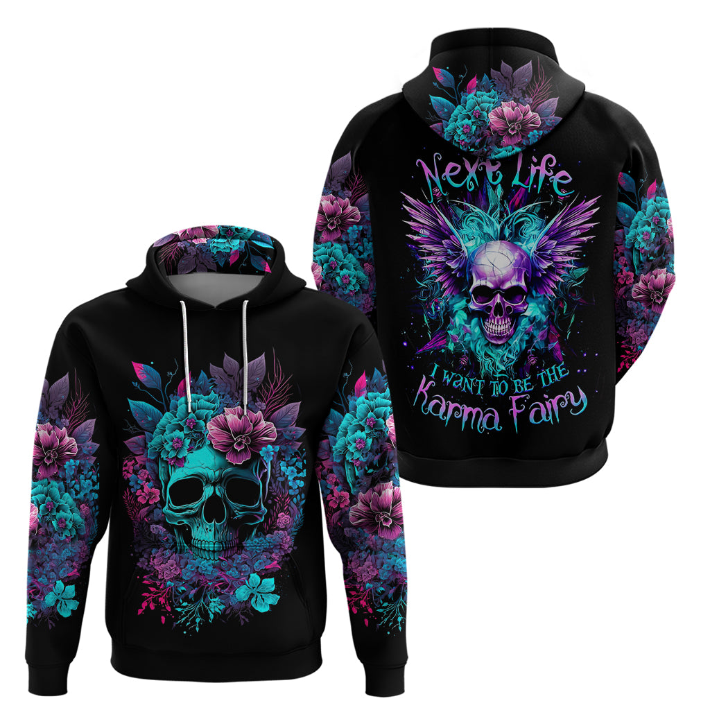Black pullover hoodie shown front and back with colorful skull and floral graphics