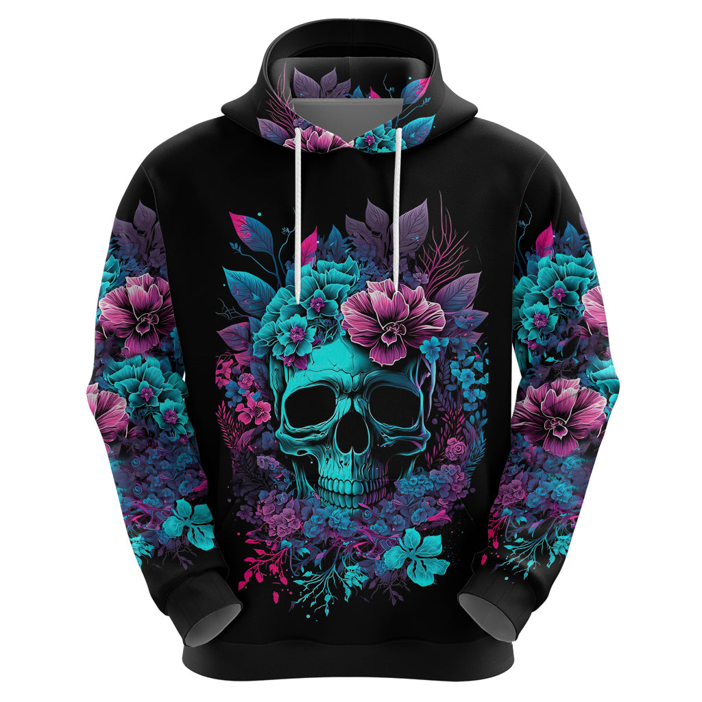 Black pullover hoodie close-up view of colorful skull and floral design