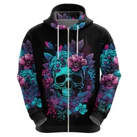 Black pullover hoodie front view with colorful skull and floral artwork, hood up