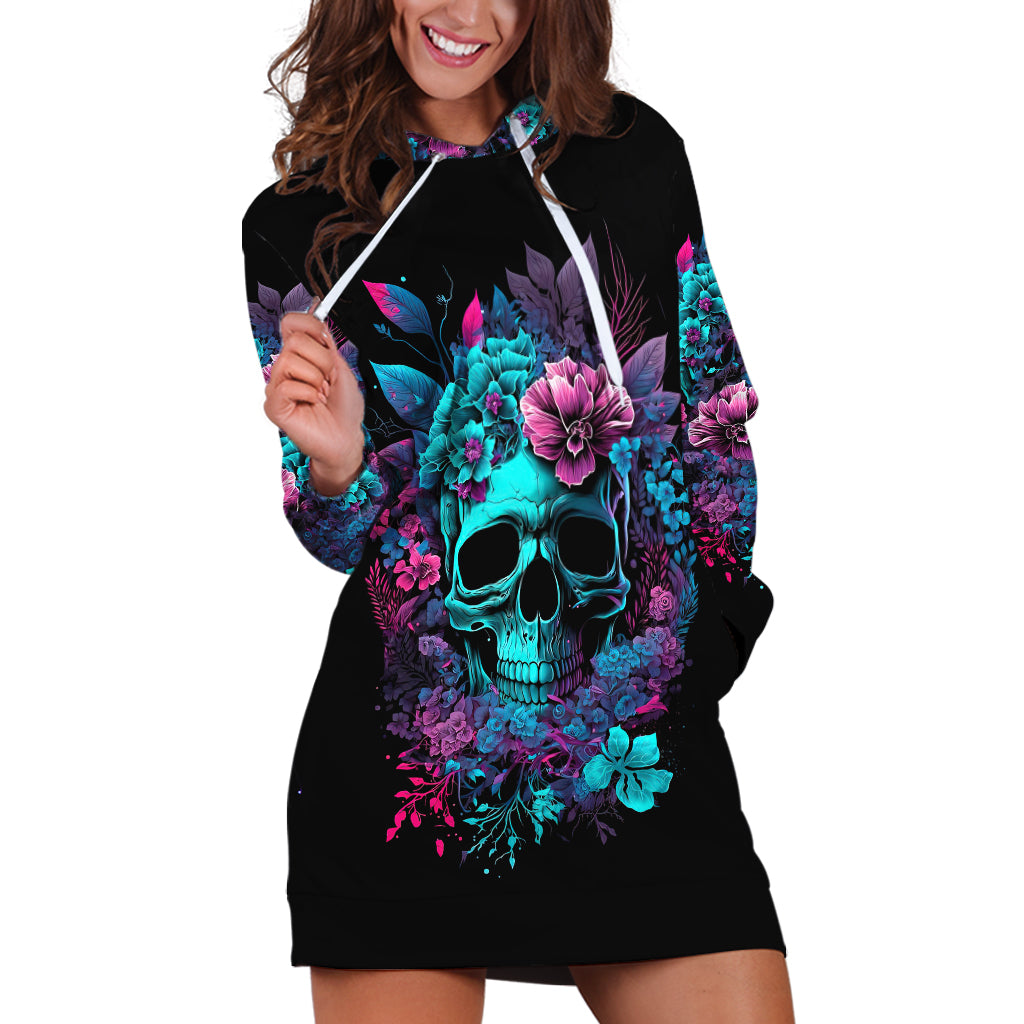 Black hoodie dress with neon teal skull and floral front print, pullover hood, long sleeves