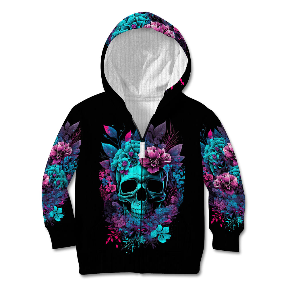 Black kids hoodie with hood up, teal skull-and-wings back print with colorful floral accents