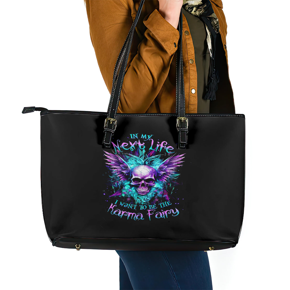 Wings Skull Leather Tote Bag Want To Be Karma Fairy Rose Skull - Wonder Print Shop