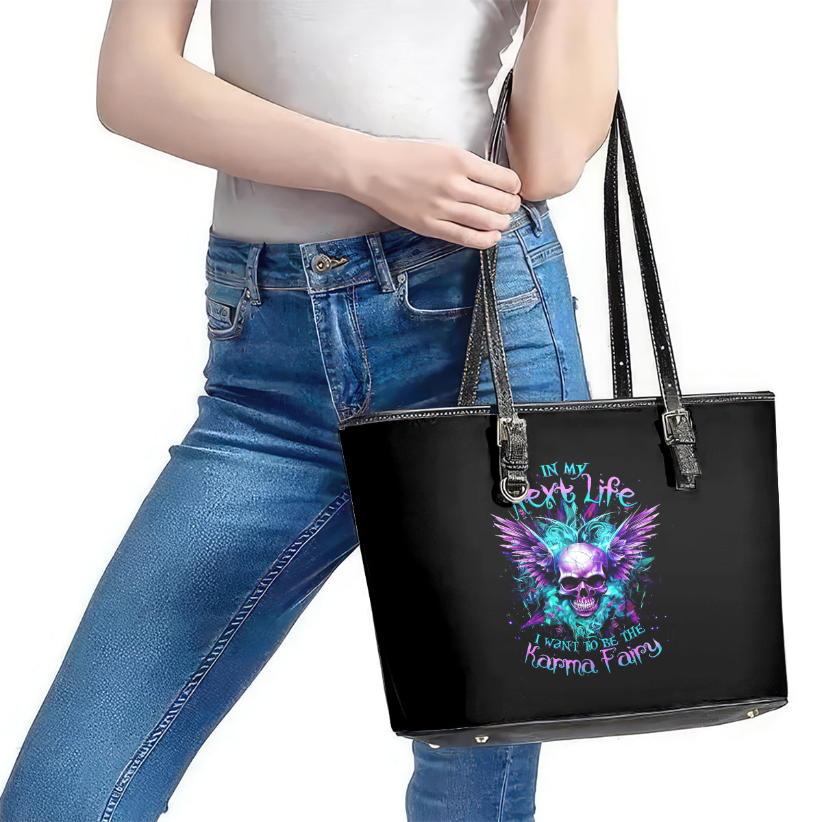 Wings Skull Leather Tote Bag Want To Be Karma Fairy Rose Skull - Wonder Print Shop