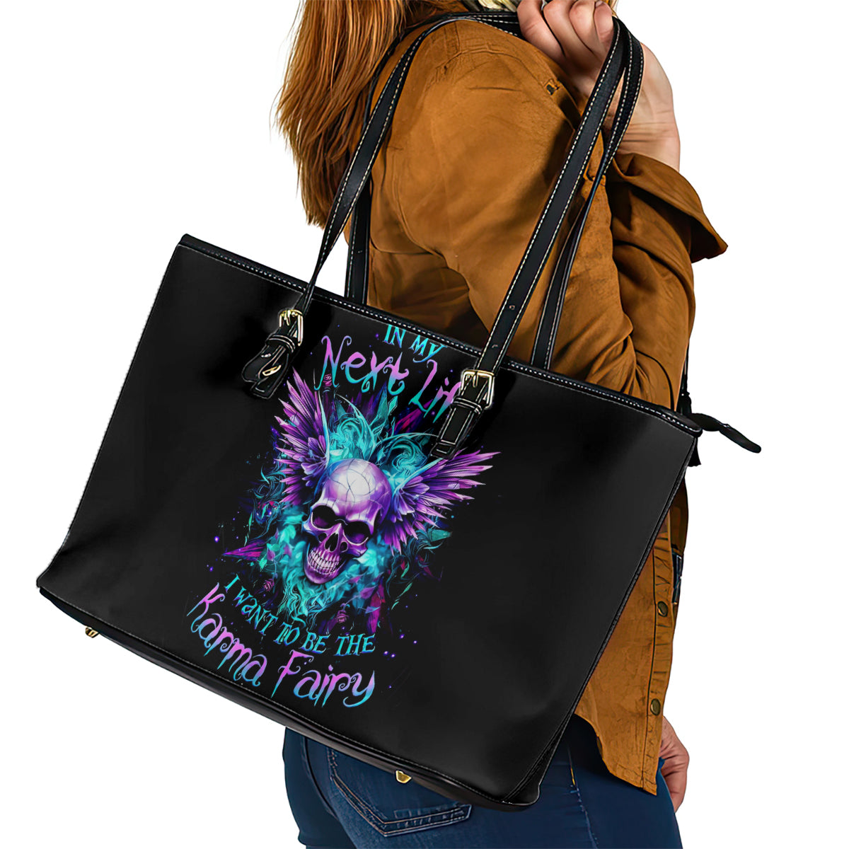 Wings Skull Leather Tote Bag Want To Be Karma Fairy Rose Skull - Wonder Print Shop