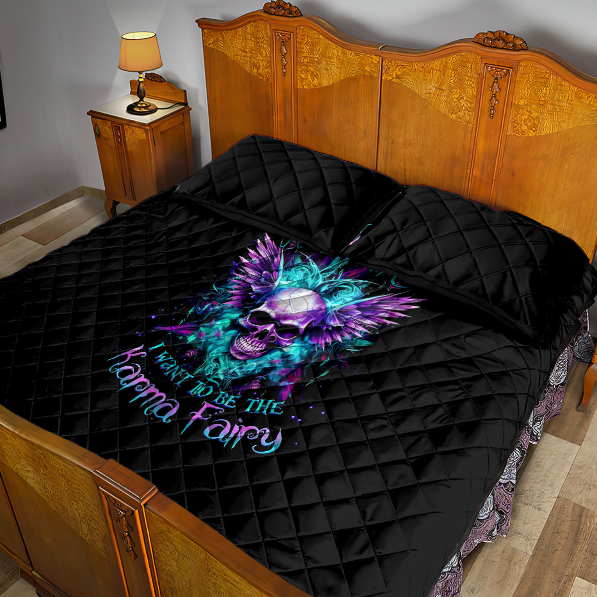 Wings Skull Quilt Bed Set Want To Be Karma Fairy Rose Skull - Wonder Print Shop