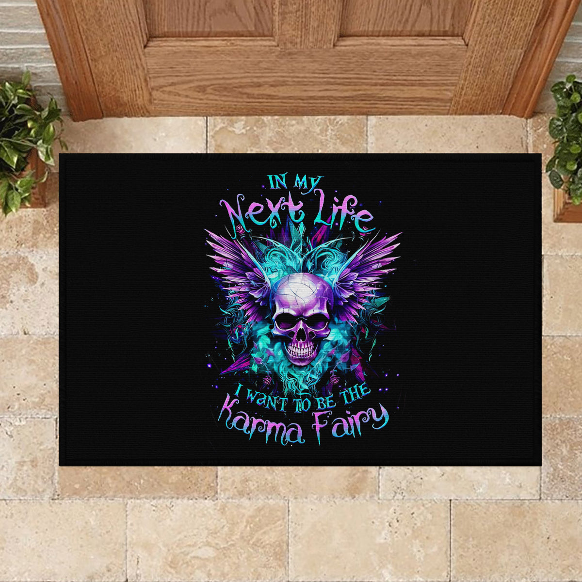 Wings Skull Rubber Doormat Want To Be Karma Fairy Rose Skull - Wonder Print Shop