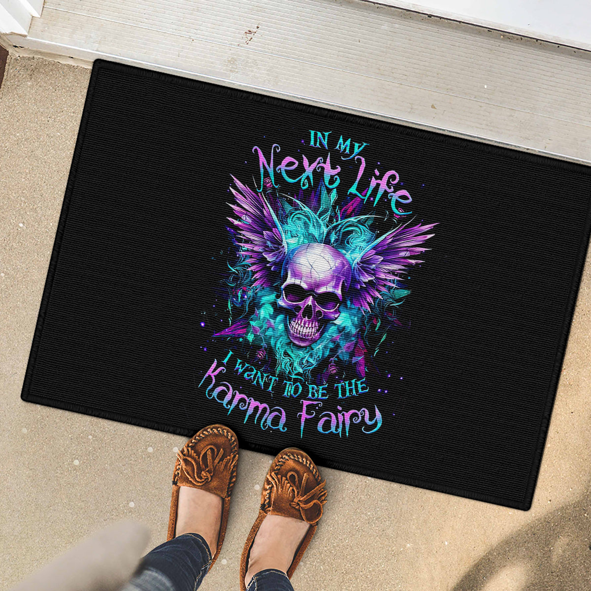 Wings Skull Rubber Doormat Want To Be Karma Fairy Rose Skull - Wonder Print Shop