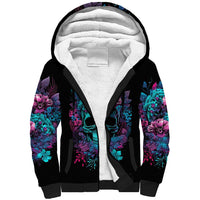 Black unisex sherpa hoodie with white fleece lining and floral sleeve print