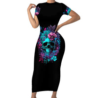 Black bodycon maxi dress with short sleeves, large skull floral print, front view