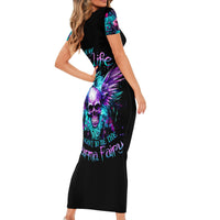 Black bodycon maxi dress with short sleeves, colorful skull and floral graphic, side view