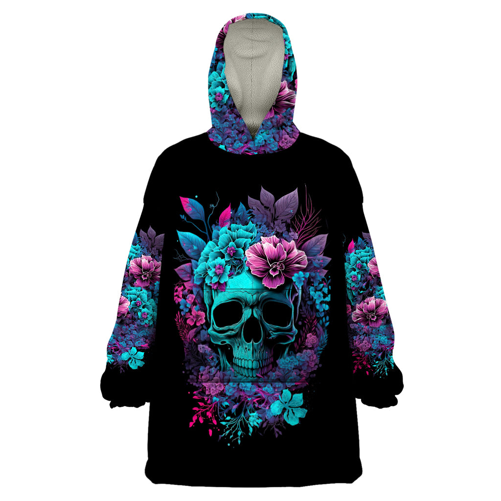 Skull wearable blanket hoodie, black with front floral skull and purple teal wings