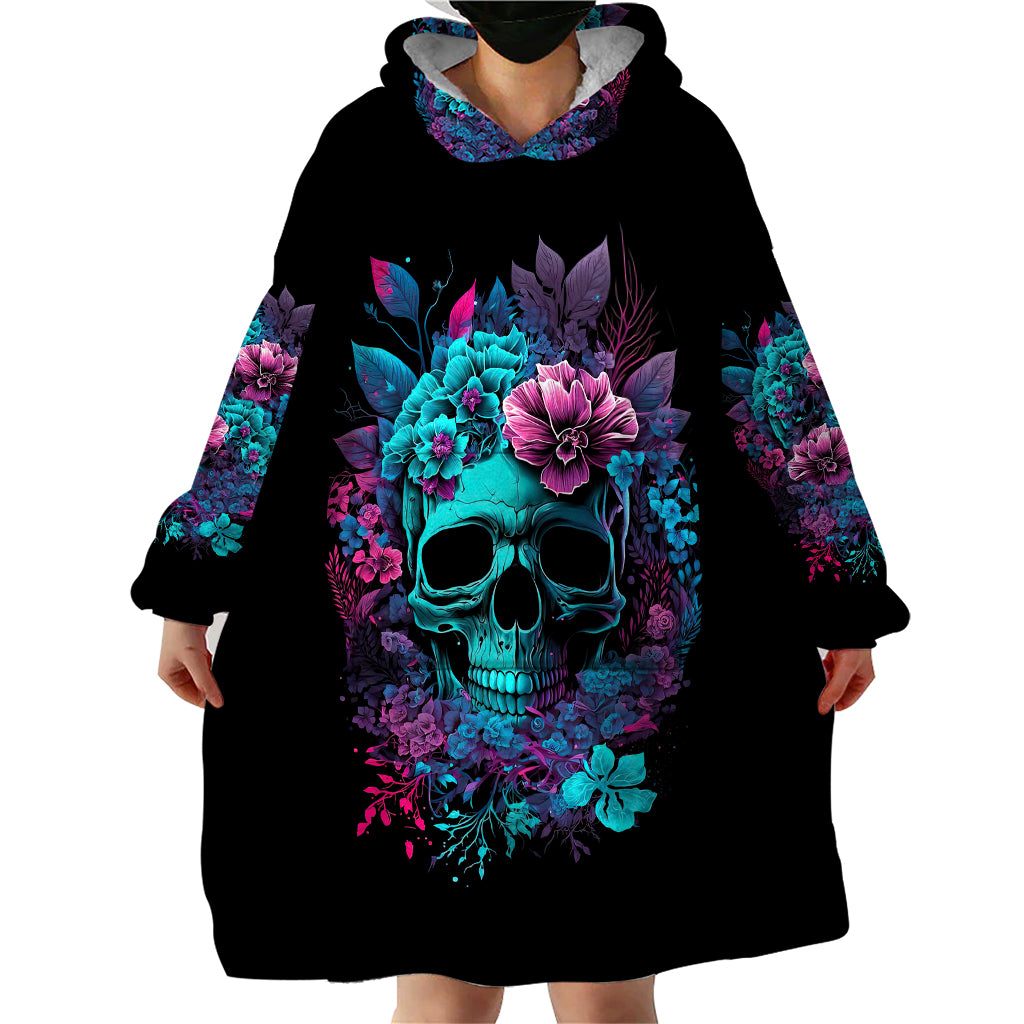 Skull wearable blanket hoodie dress-style, black with large teal skull floral print