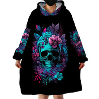 Skull wearable blanket hoodie dress-style, black with large teal skull floral print