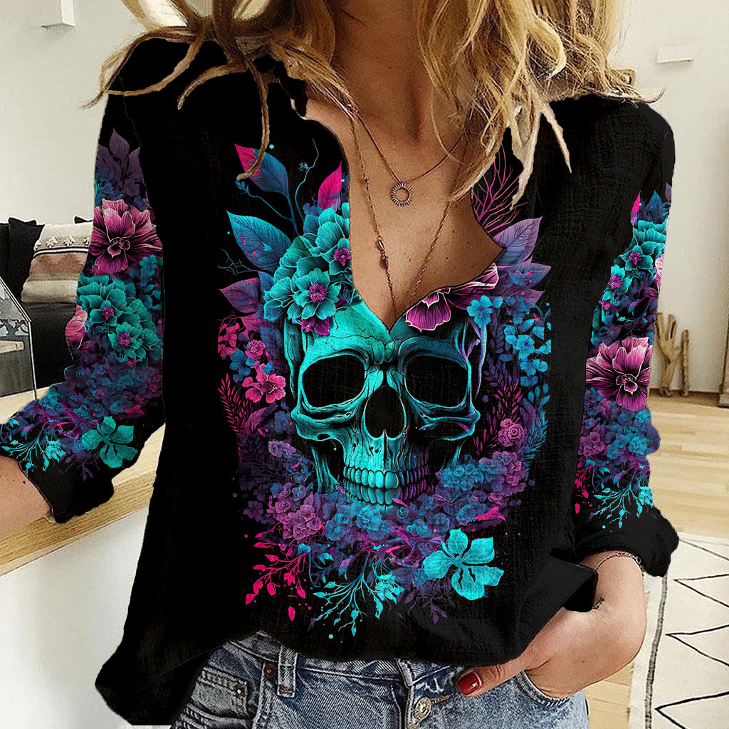 Wings Skull Women Casual Shirt Want To Be Karma Fairy Rose Skull - Wonder Print Shop