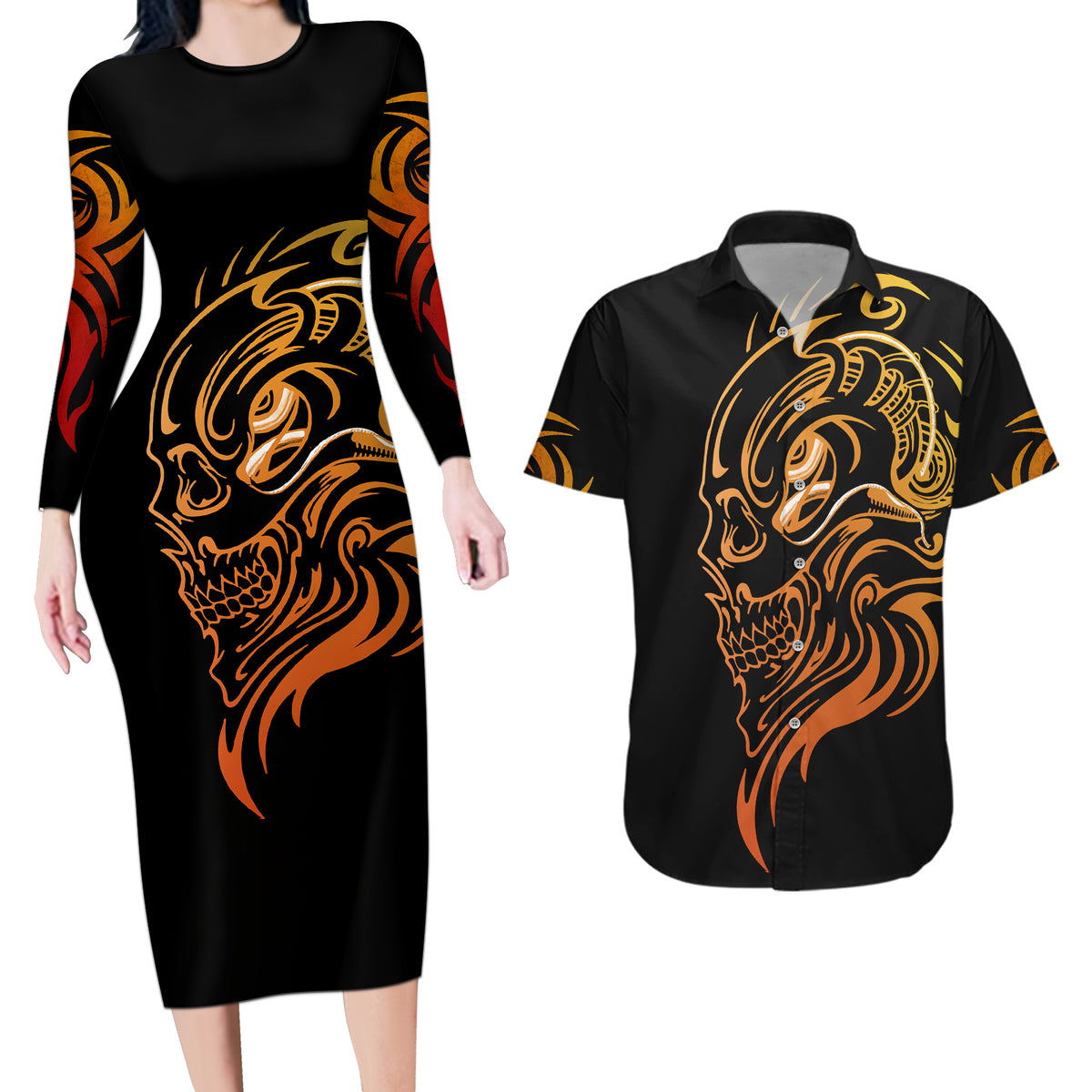 Tattoo Skull Couples Matching Long Sleeve Bodycon Dress and Hawaiian Shirt Golden Skull Face Tattoo - Wonder Print Shop