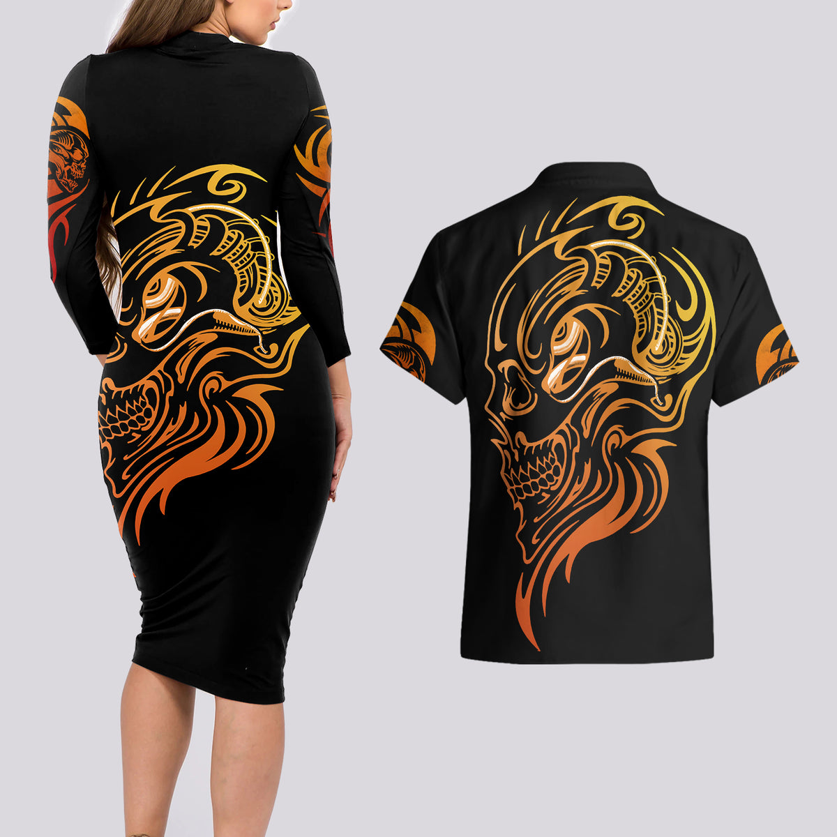 Tattoo Skull Couples Matching Long Sleeve Bodycon Dress and Hawaiian Shirt Golden Skull Face Tattoo - Wonder Print Shop