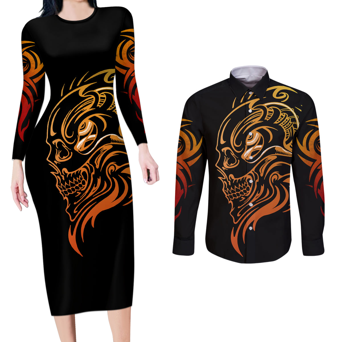 Tattoo Skull Couples Matching Long Sleeve Bodycon Dress and Long Sleeve Button Shirts Golden Skull Face Tattoo - Wonder Print Shop