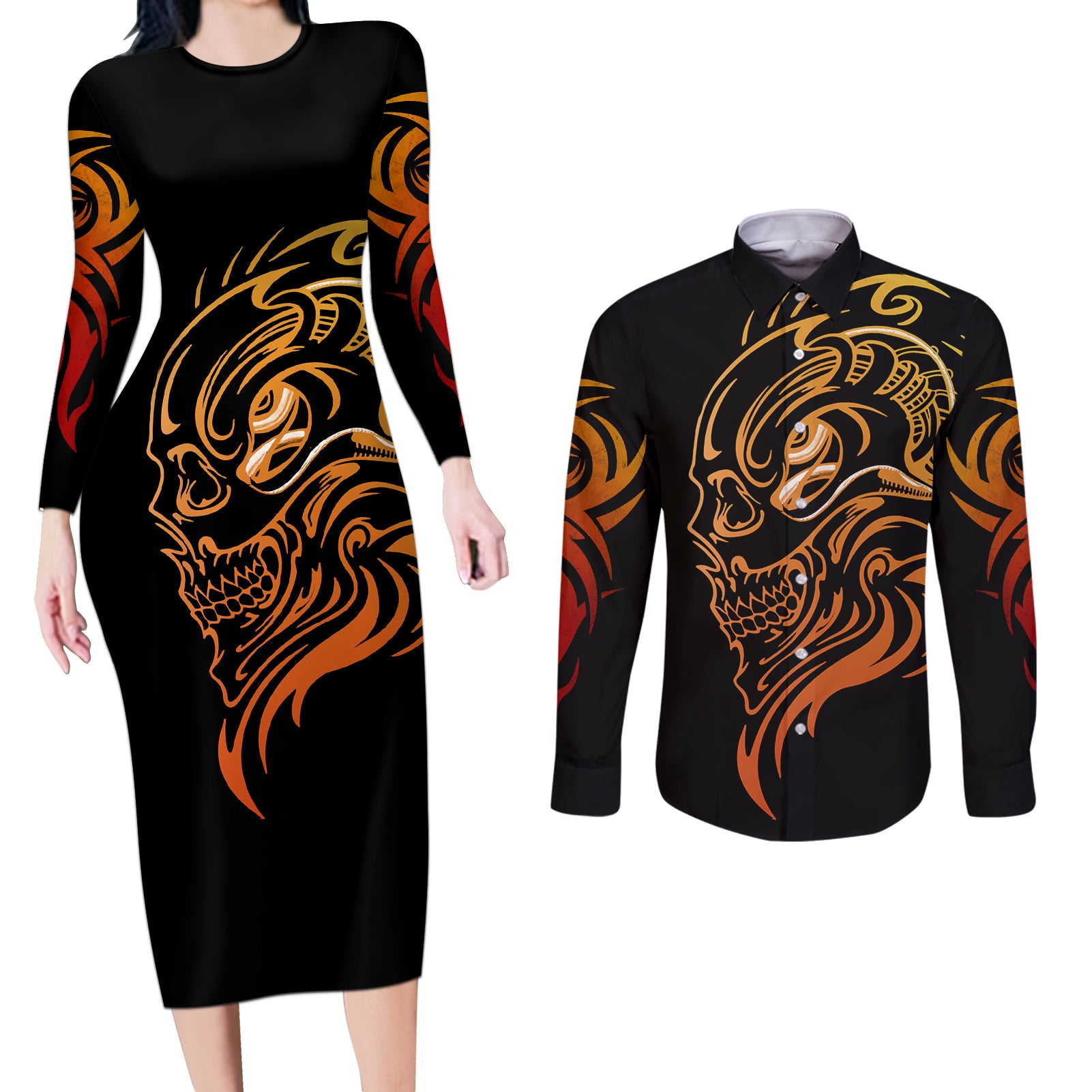 Tattoo Skull Couples Matching Long Sleeve Bodycon Dress and Long Sleeve Button Shirts Golden Skull Face Tattoo - Wonder Print Shop