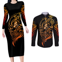 Tattoo Skull Couples Matching Long Sleeve Bodycon Dress and Long Sleeve Button Shirts Golden Skull Face Tattoo - Wonder Print Shop